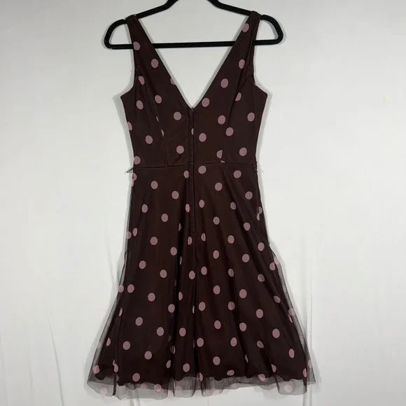 Vtg 90s Y2K A. Byer Midi Dress Sm Brown Pink Polka Dot Mesh Overlay Fit & Flare - Picture 3 of 6